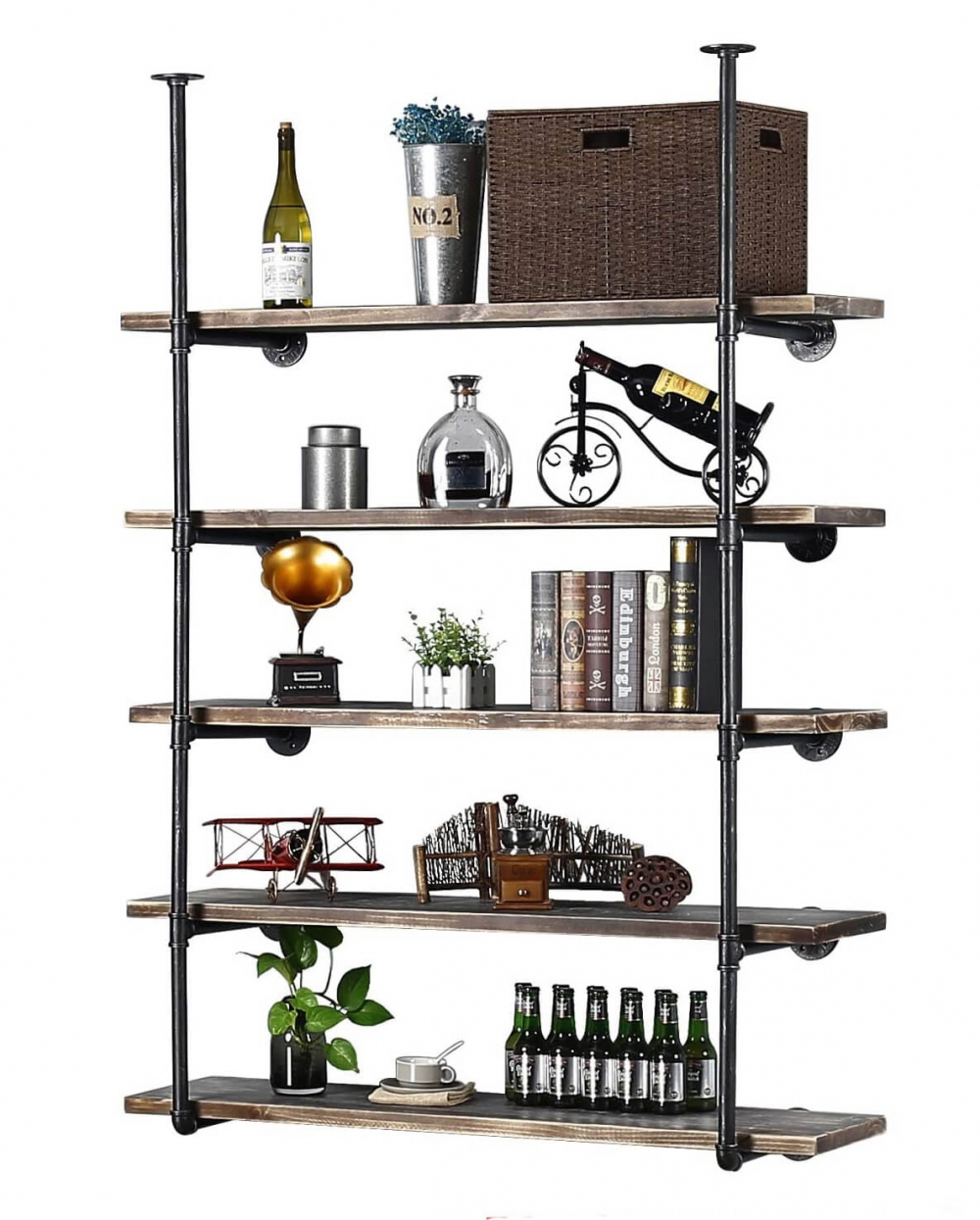 Imponerende gulv-til-himling-hylle i industriell stil. Perfekt for å vise frem vin, bøker og dekor – like stilig i hjemmet som i butikken. Treplanker selges separat.